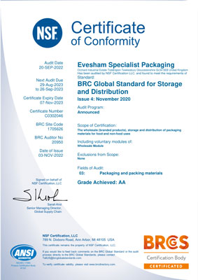 Evesham Specialist Packaging Certificate of Conformity